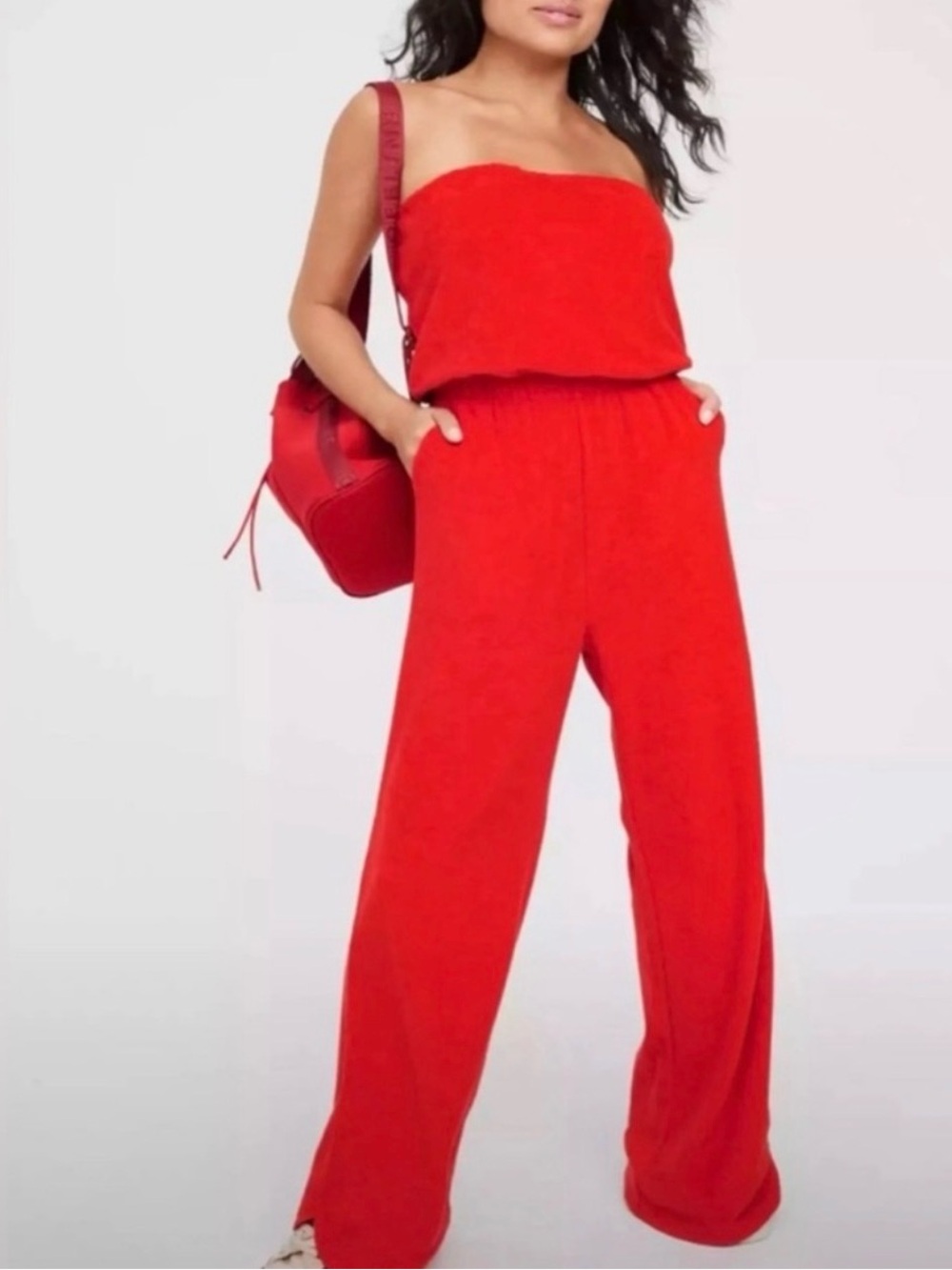 Offline by Aerie Strapless Wide-leg Terry Jumpsuit Red Resort/Beach wear Size S